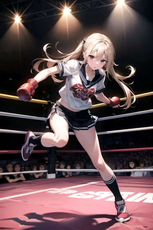 Asuna yuki(Sword Art Online), Dynamic Angle, Long bronze hair,Braiding,Brown eyes,Detailed eyes,Big bust line,bikini, Roll Forward,Real,Her slim legs are really cute.,Very beautiful long legs, Perfect body,Real,(Standing Alone),Fighting Pose,Boxing gloves,Boxing Ring,Smirking, From Below,winner,Ultra HD,Detailed eyes,Detailed face,