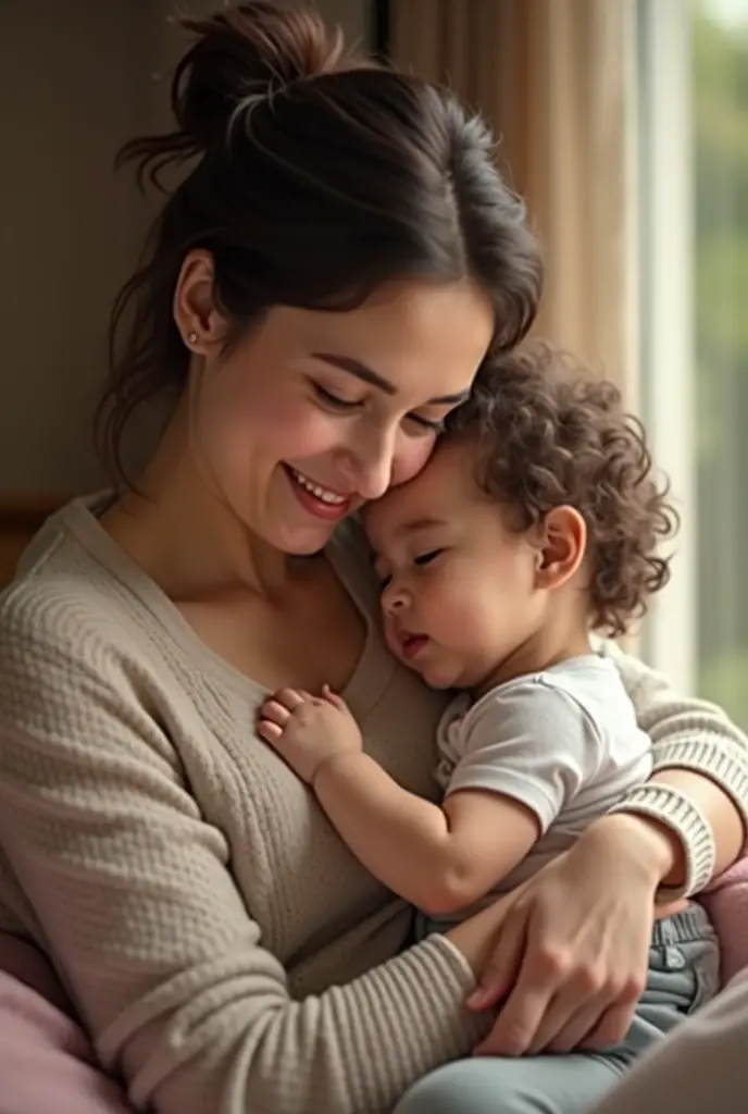 Create UHD photorealistic photo of a cuddly 30-month-old Arabic boy being hugged by his mother in a cozy living room. Use a 50mm lens, warm lighting to create intimacy. No animation, no 3D image, no extra fingers.