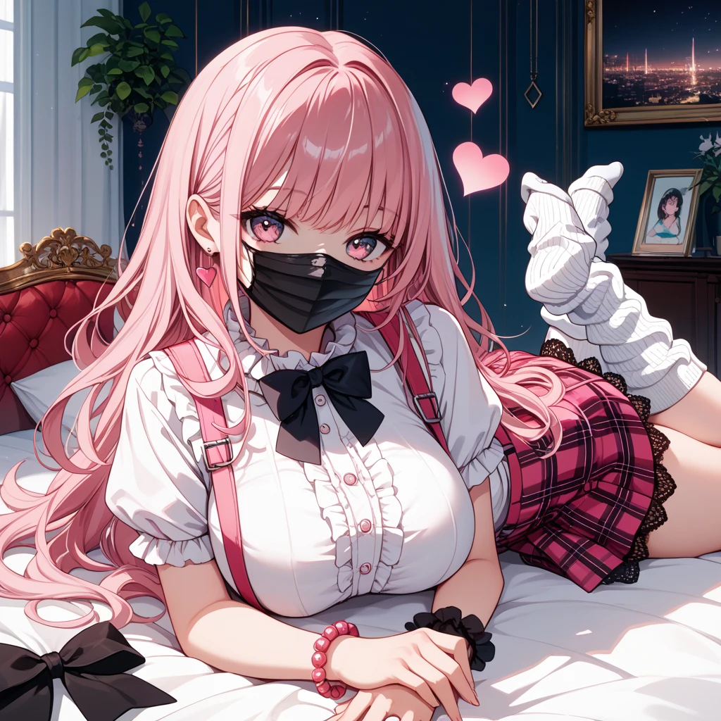 ((1boy)), ((masterpiece:1.4, best quality))+, (ultra detailed)+,(ultra detailed eyes)+, ((femboy)), blush, cute, smile, Bedroom, pink eyes, pink lingerie, (mask covering the mouth), flat chest, massive bulge