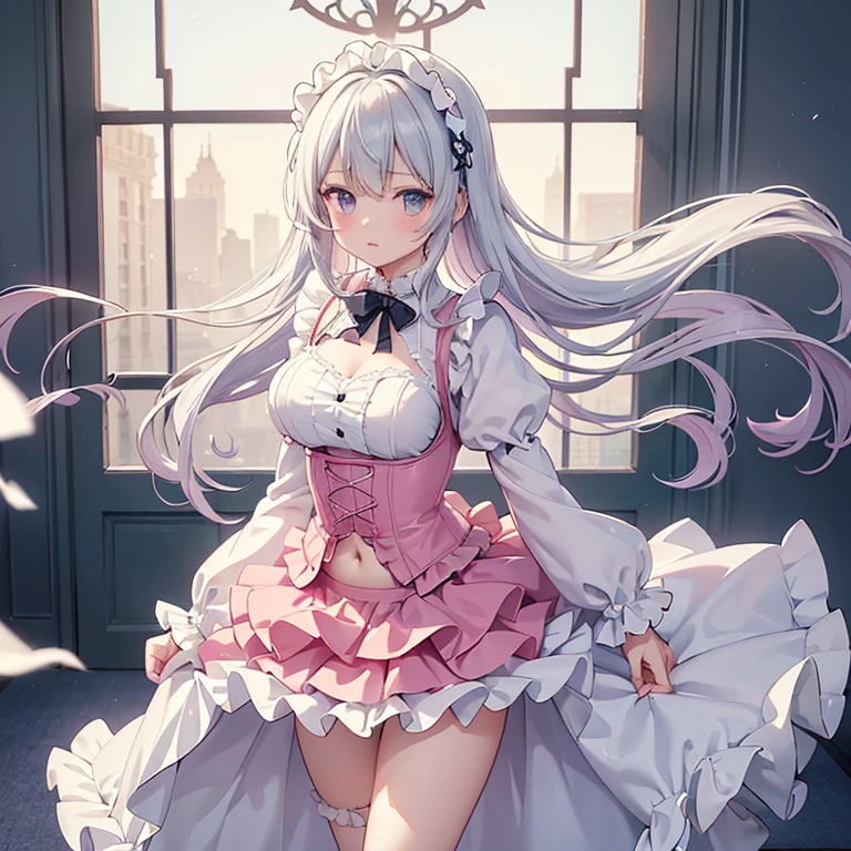 ((((Masterpiece, Best Quality, high resolucion)))), 1Girl, White hair, Purple eyes, Average Breasts, blush, light grin smile, parted lips, Glow, thighlet, bare shoulder, 鎖骨, a narrow waist, cleavage, (Beautiful detailed face, Beautiful detailed eyes), long slender thighs, perfect eyes, (cat ear, cat tail, Maid Outfit, maid apron, White fishnet stockings), Beautiful waist, a narrow waist, elegant posed, seductive posing