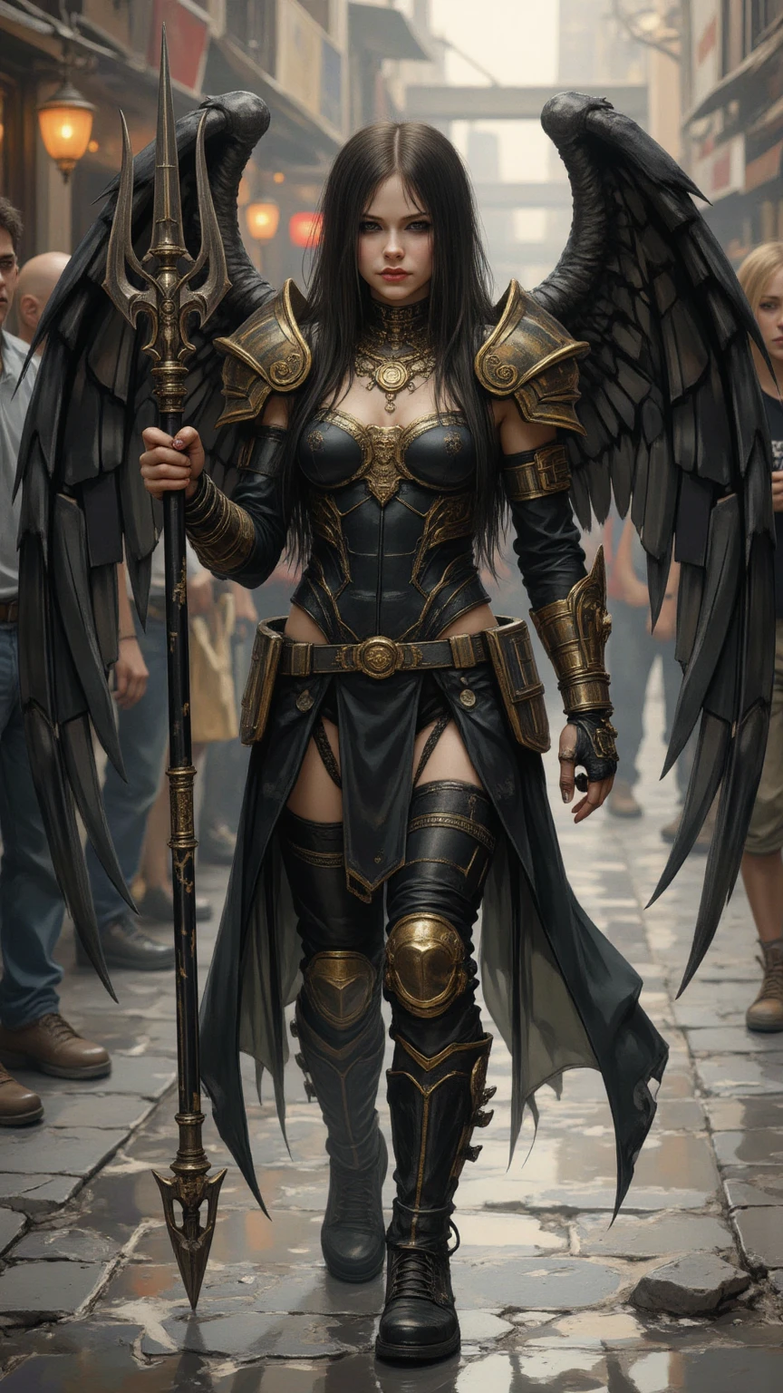 warhammer 40k, cyborg, Sci-fi, black fantasy, kosmos, black girl (dark brown face), Wearing WH40K open purple dress and cape, Wearing chest armor with huge , holding a Roman staff with an eagle on top, detailed green eyes, bblurry, shooting angle, (tight gap:0.5), short and loose hair, Corte de cabelo viking, vibrant green eyes, Charismatic leader, total body length, comic style, por artgerm, Guy Denning, Jakub Rozalski, Magali Villeneuve e Charlie Bowater, cyborg piece on head, cyborg goddess in kosmos with planets and starship background, battlefield fog