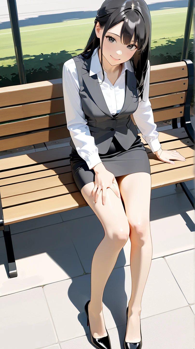 girl,The body is slim,Short black hair,JK,Short skirt,Slim and ample legs,sitting on a park bench,show her legs