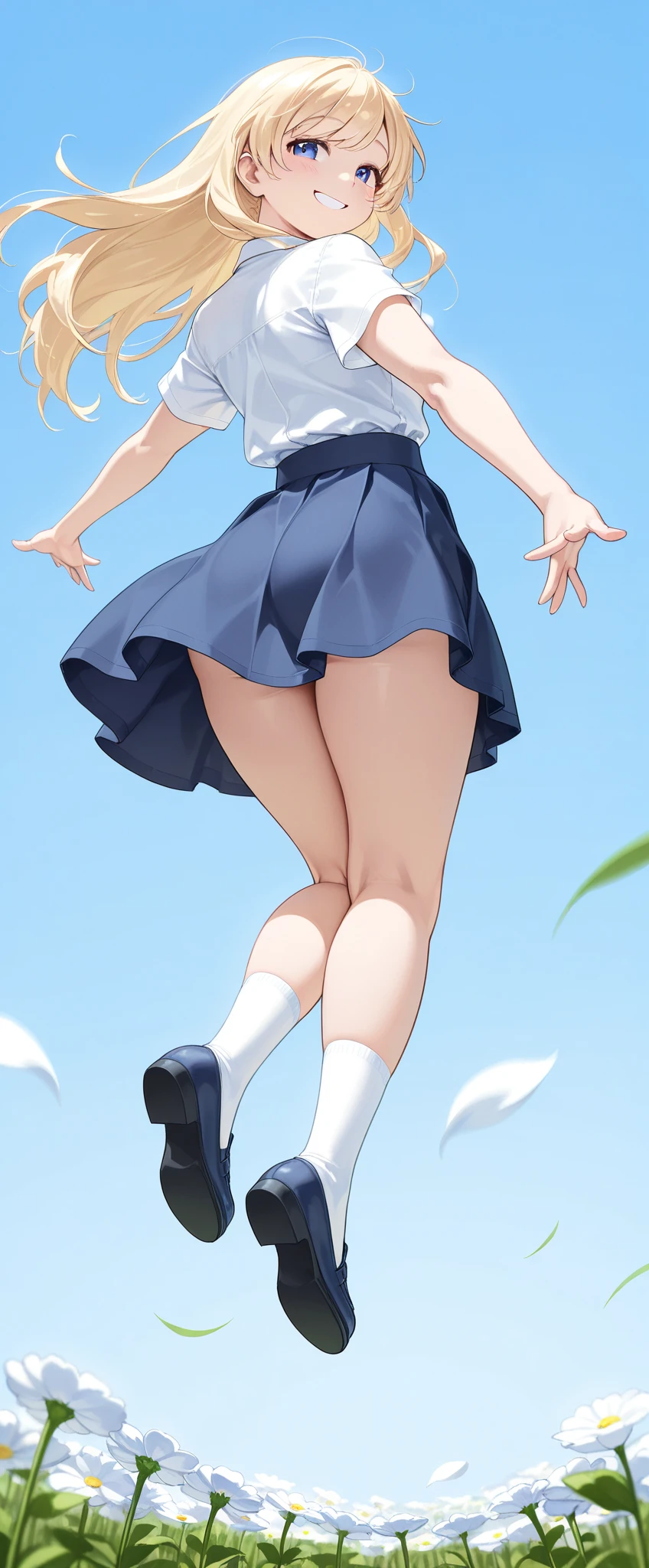 an anime female character standing on a mountain top next to a city, 1girl, solo, giantess, sky, giant, cloud, day, full body, blue sky, city, breasts