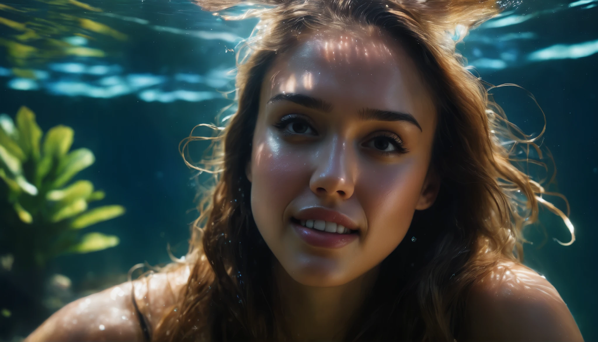 A beautiful afghan girl floats up from beneath the waves.