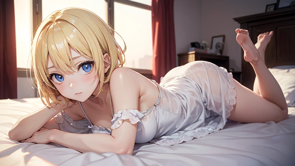 masterpiece, best quality, ultra detailed, ultra high resolution, very detailed face, solo, anime, 20 years old girl, slim, (((lace underwear))), (((crawl on all fours))), ((golden short hair)), medium breast, little smile, in the room