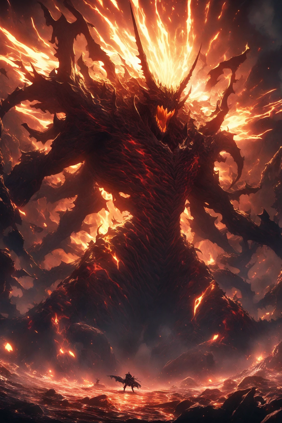Dragon, large humanoid body, black scales, vibrant red eyes, evil gaze, focus on body and expression, fire scenery, "One Piece-inspired anime features, drenched in dramatic and incredible lighting, dramatic lighting, infused with creative details, ultra-fine 2D design, scenery bathed in creativity, bathed in creativity, boasting HD anime resolution clarity, HD anime graphics, high-octane rendering"