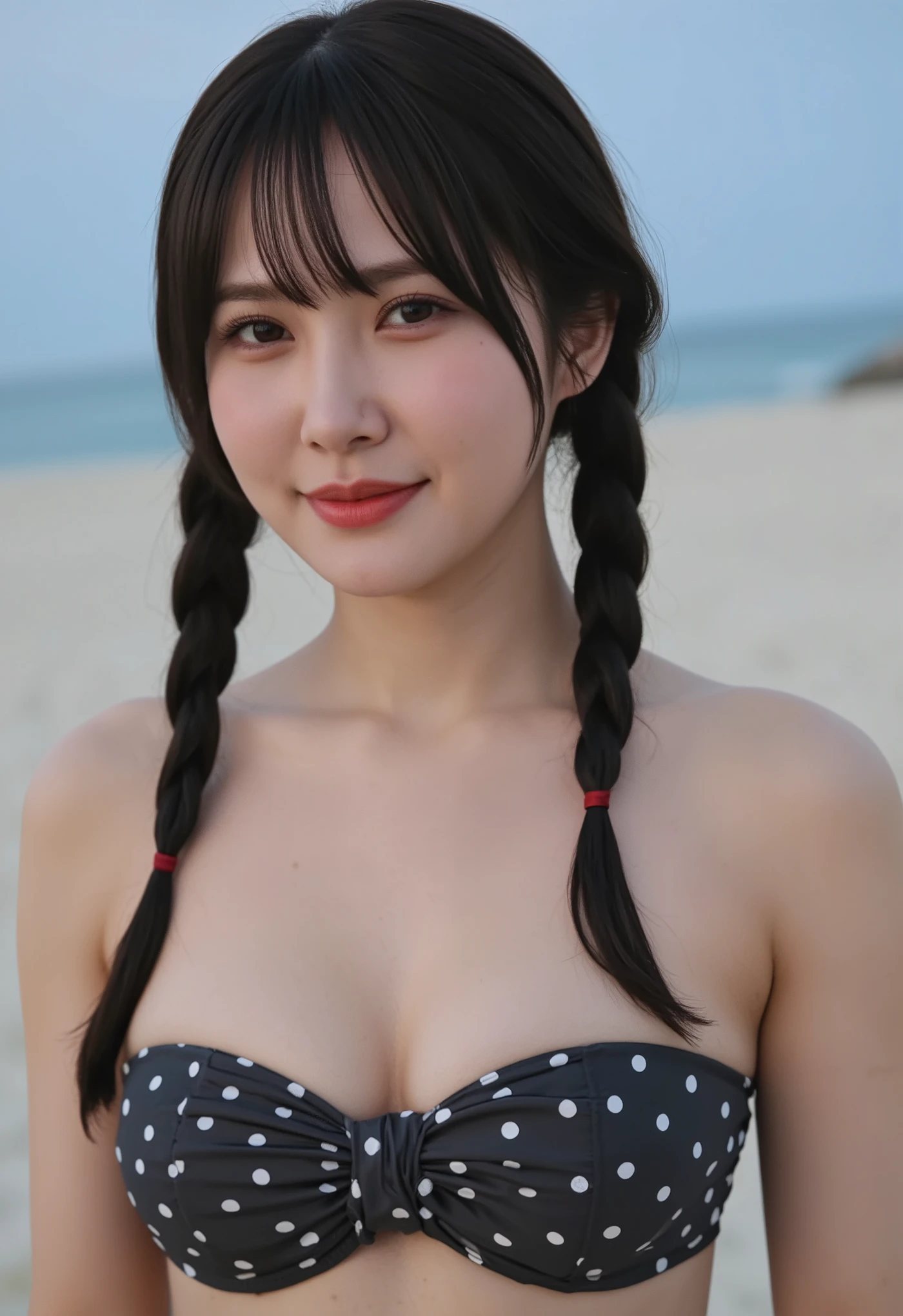 ((((((woman with ridiculously huge breasts1By people)))))),beautiful black hair,with bangs,((twin tail hairstyle with braids)),Realistic portrait,Realism,best quality,mastepeace,PREMIUM QUALITY,Highest Image Quality,Highest resolution,fine details,beautiful precise face,black eyes,Realistic skin texture,( Exact Upper Body),Realismのある肌,(Smile),((((((((showing off huge breasts)))))),(((showing off cleavage))),((Outdoors in the middle of the night )),((((wearing a twisted bandeau bikini on her upper body {x} wears a polka dot twist bandeau bikini on her upper body)))),(((cleavage at midnight))),((((showing a twisted bandeau bikini on her upper body)))),
