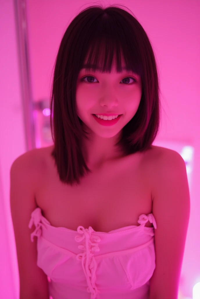 ((dark, small and dirty room))、16 year old Japanese、Baby Face、Big Breasts、Accentuate your cleavage、Light red camisole dress、Big eyes、黒Big eyes、Stand next to the bed、You can see beautiful thighs、Very short、顔がとてもsmall、(Red Light District)、(Prostitute)、Sexy pink lights、small, dark room、Short pigtails,((From above)),(Smiling with teeth showing:1.4)