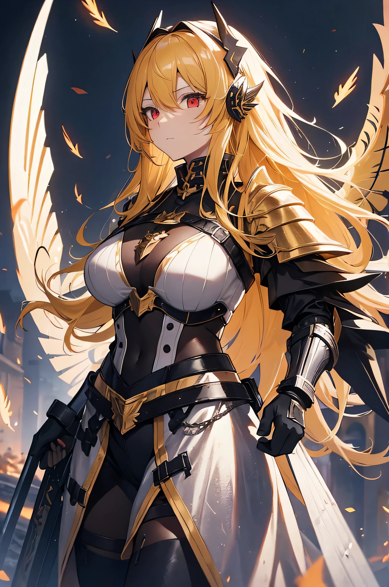(masterpiece, best quality,hd,ultra hd,detailed,hdr,8k), 1women, adult, female focus, solo, medium blonde hair, vibrant black eyes, looking at viewer,huge chest, closed mouth, emo, Fantasy aesthetics, Highly detailed, shadowverse style, wearing robo suit armor with gold and pink color