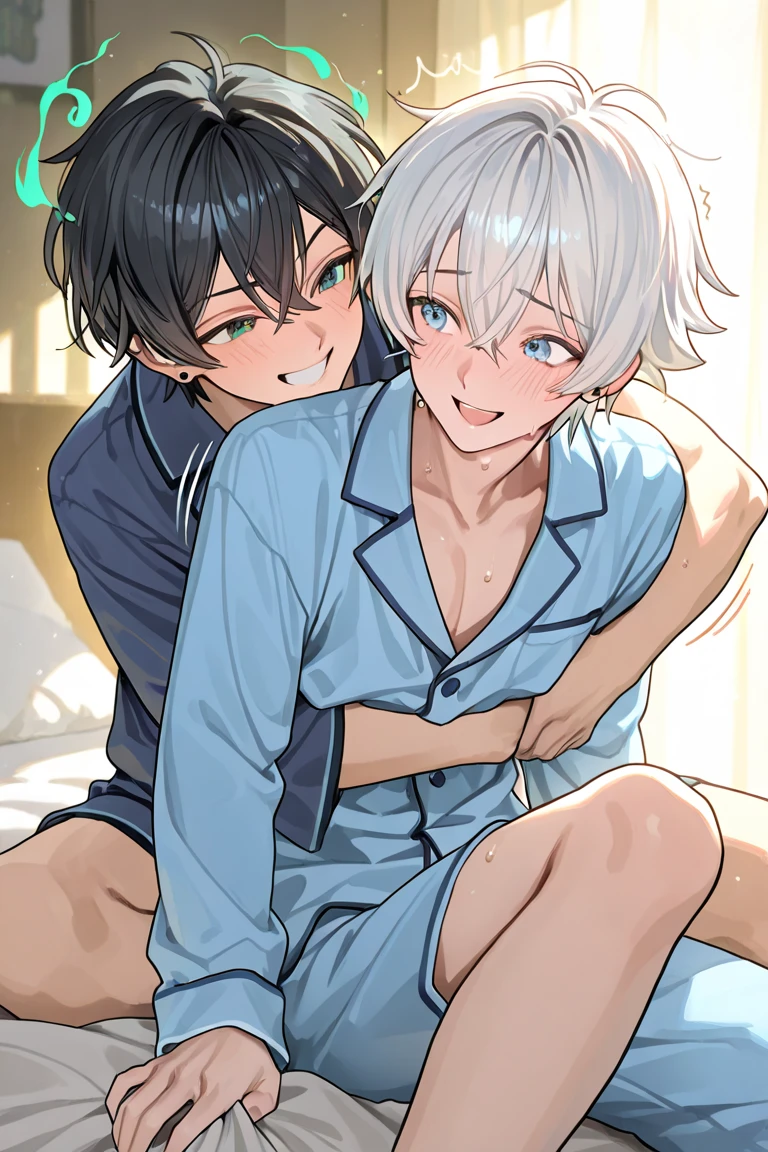 (cute male, 2 cat ears, smiling, white hair, shirtless, white jockstrap, cute boy, small body, no shirt, collar), (red haired cute male, shirtless, 2 wolf ears, bulge, red jockstrap, small body, cute boy, collar), 2 men, laying on bed, hugging, japanese house, hugging, cuddling, 2males, male only, kissing, males kissing, touching eachother, full body view, no women, no girl, love, blushing