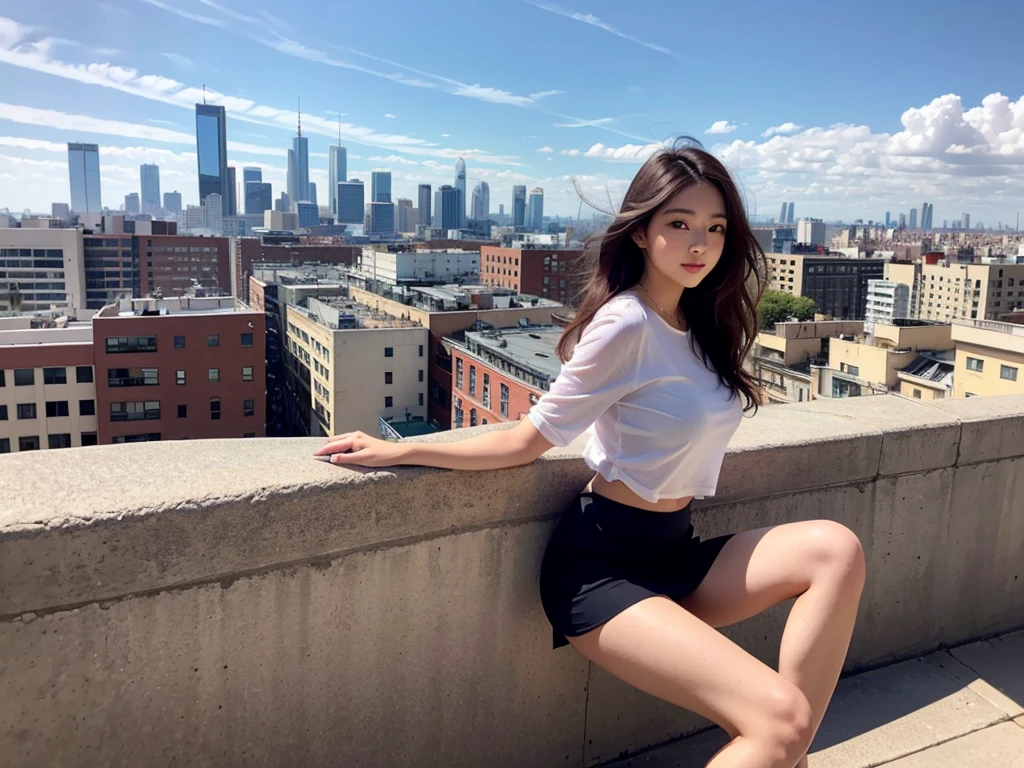 (Beautiful woman wearing an office lady'his suit is on a bike:1.1)、(spread your legs and step on the pedals)、put on makeup、brown wavy hair、(mini skirt:1.5)、(Clothes:1.3)、(I can see white pants:1.5)、(super beautiful)、(beautiful face:1.5)、(detailed face)、(Sweat:1.1)、(sky from below)、commute、(At SFW:1.2)