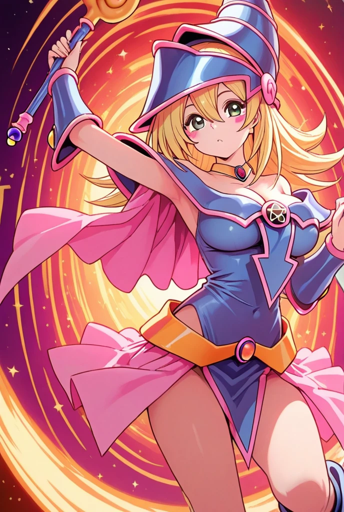 sideview,solo,16years old,Dark Magician Girl,Black Magician Girl,grin smile,Blonde Hair Color、((I am the star))、Pastel color cute world、(pastel color, white ,pink,Blue,yellow),animation,illustration,Best image quality,masterpiece