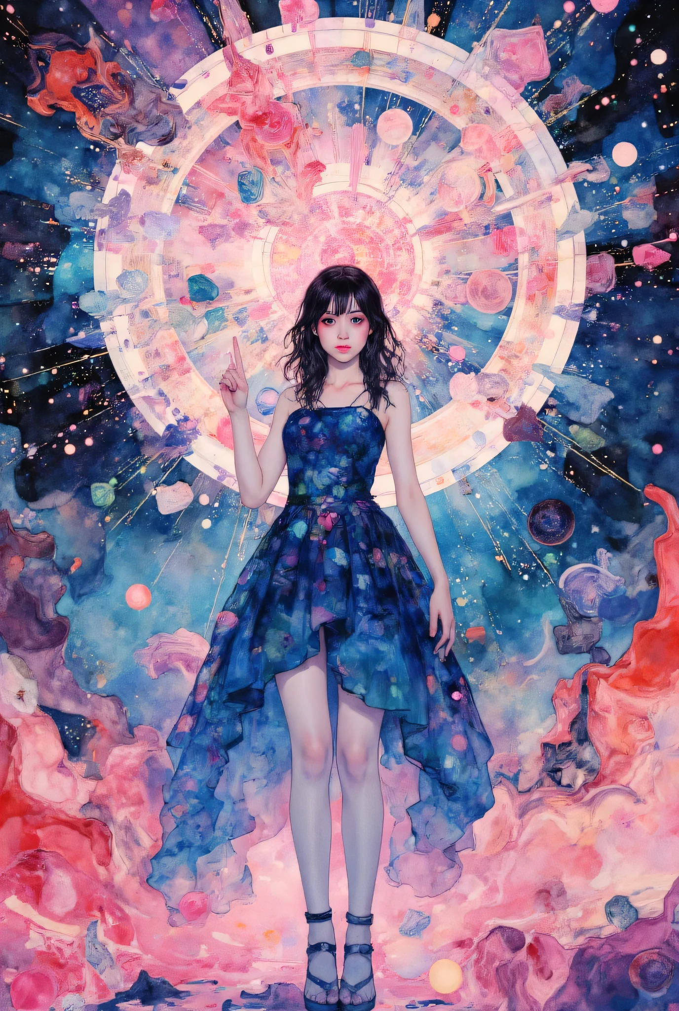 (Very beautiful and elaborate watercolor painting:1.2), Beautiful Nature, (The girl with hair that stretches to her knees who rule the world), A girl looks down and stares at the viewer、Raise her right hand up and point upward with her index finger、(Neon Pink Eyes:1.4), Breaking ,Four-dimensional space background、Background where the light of time and space shine、QUALITY\(8k,非常に精細なCGユニットのWallpaper, masterpiece,High Resolution,top-QUALITY,top-QUALITY real texture skin,surrealistic,Increase Resolution,RAW PHOTO,最高のQUALITY,Highly Detailed,Wallpaper\)