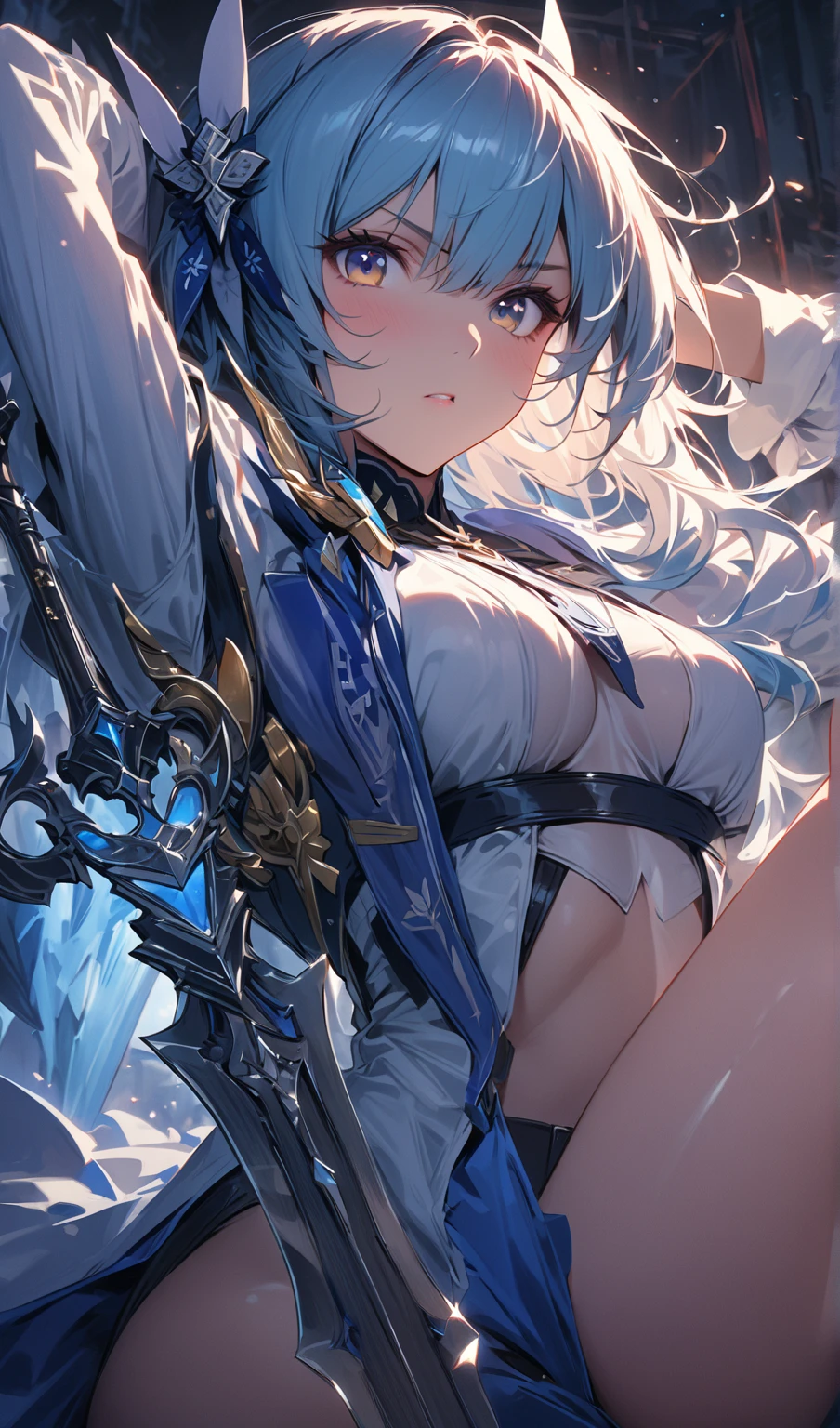 One lady,25-years old,(() ,((())), (()), (())((I'm opening my mouth)),((micro skirt, bodysuit and short cloak))(A smile),,(A dark-haired,),((Fantasy,Moon Night))((Clothes are torn))