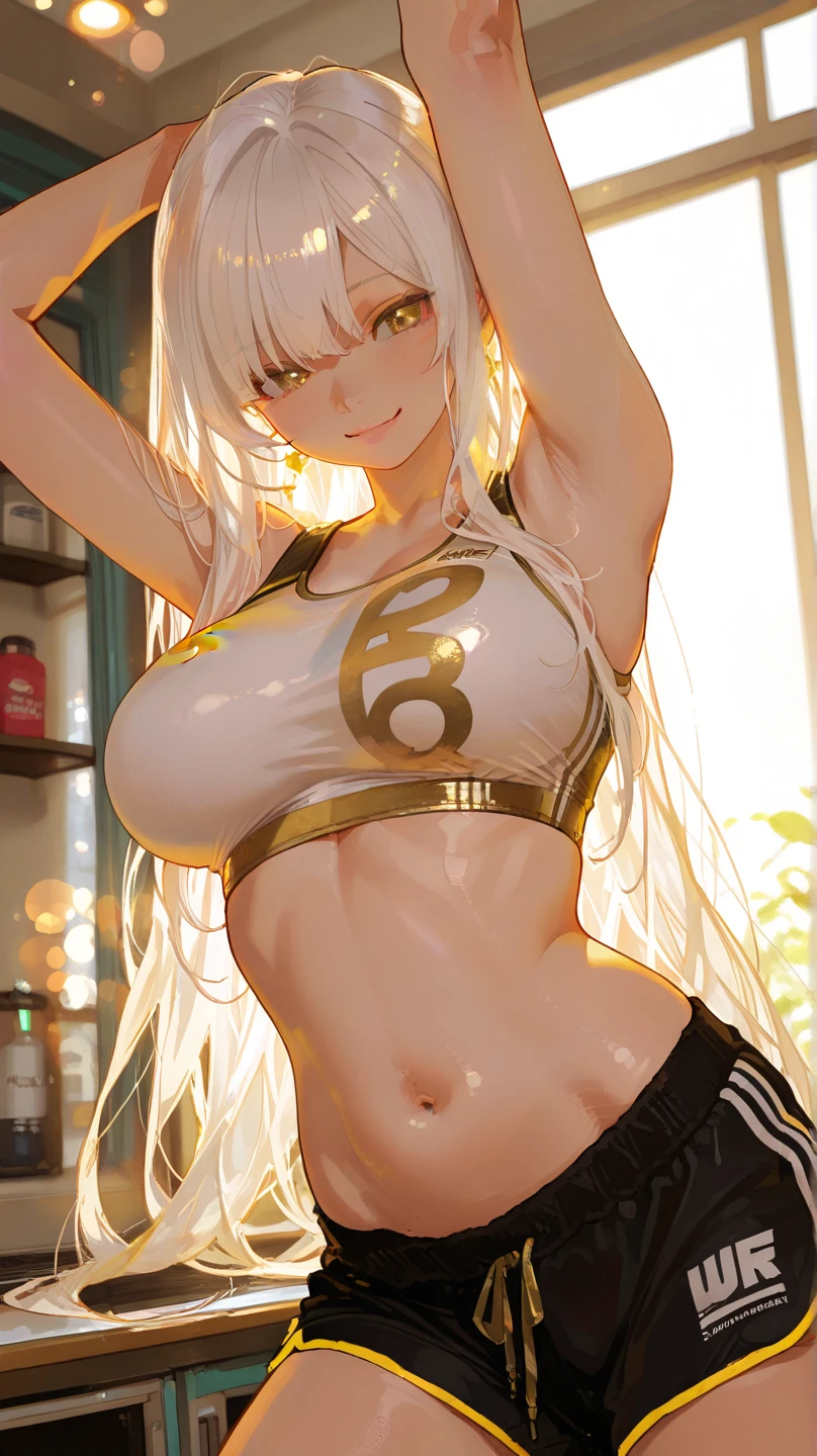 Masterpiece, hi res, absurdres, Best Quality, 4K, detailed, 1girl, female, Mature woman, large points wolf ears on top of head, wolf tail, yellow eyes, stoic face,emotionless, tall, dark blue micro bikini, ragged jeans, long elbow length white hair, muscular, abs, thick, huge breasts, close to viewer, looking down to viewer