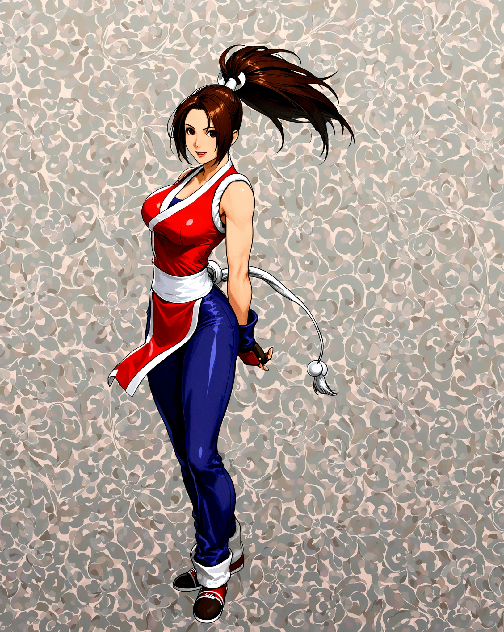 <lora:minimal_vector_style:0.8>, 1girl, looking at viewer, solo, <lora:shiranui maiV1:1>, shiranui mai, brown eyes, long hair, brown hair, white ribbon, sleeveless, ponytail, sash, pelvic curtain, arm guards, gloves, tabi, (masterpiece, best quality, high quality, highres, ultra-detailed),