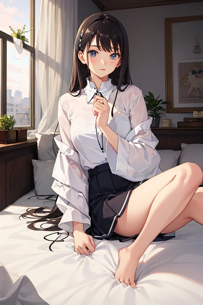 ベストクォリティ,高解像度,8k,finelity detailed background,マスターピース:1.2),美少女,艶やかなピンク色の髪,asymmetrical hair,ピンク色の瞳,優しい目つき,爽やかな表情,笑う,最高品質の,ベストクォリティ,美的で美的:1.2,最高の詳細((超詳))(高精細CGイラスト),上半身,ダークグレー色の下着,スレンダーボディ,夜,月,寝室,ベッドの上,笑顔,赤面,かわいい,おねだり,上目遣い,甘える,super model,wariza,shoot from,below