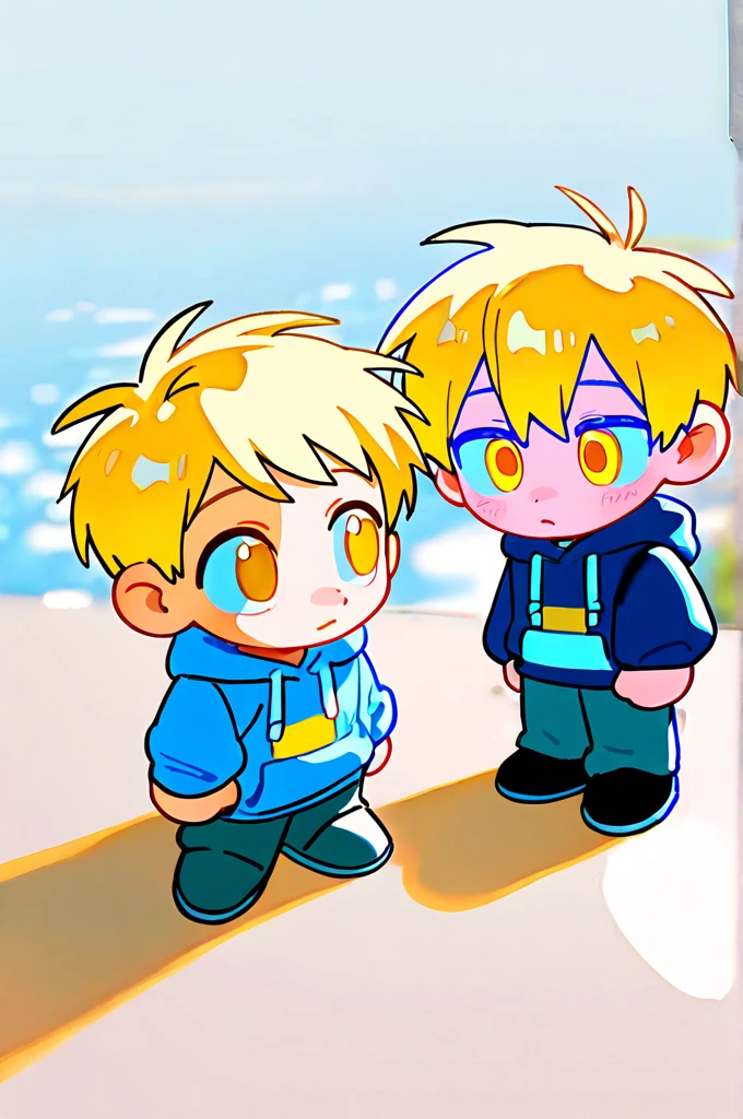 2 people, 1 boy, 1 girl, both have blonde hair and blue eyes, folded dog ears. boy has flat chest, girl has big chest. holding hands, smiling, siblings.