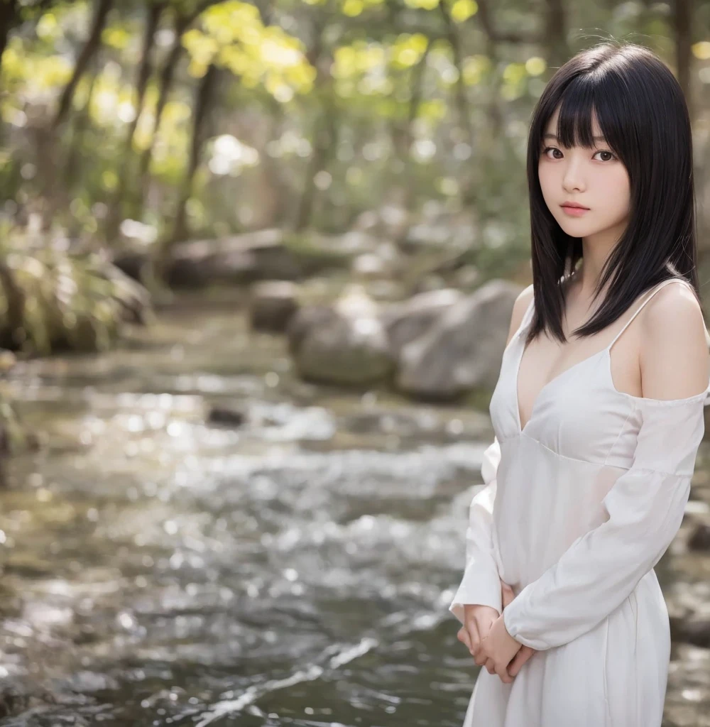 Beautiful Japanese woman in a white kimono,White skin, Beautiful Face,Skinny body, Very small breasts, nightの青木ヶ原樹海を歩く, Flowing black hair,Beautiful Eyes, Mysterious Forest, Horror photorealism style, night, There is no way, There is earth under my feet, Horror movie atmosphere,
