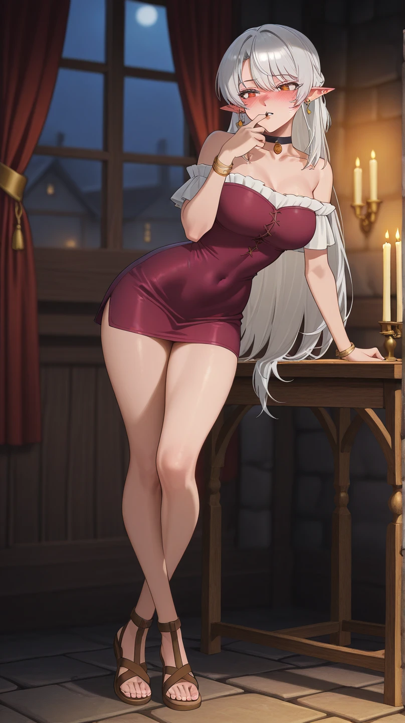 (masterpiece:1.2) best quality, high resolution, unity 8k wallpaper (illustration:0.8) (beautiful detailed face:1.2, beautiful detailed eyes:1.2) perfect lighting, extremely detailed CG (perfect hands, perfect anatomy) cute, beautiful, charming lady, shiny hair, lustrous skin, beautiful light big eyes, milf, married woman, soft With a gentle appearance and a gentle mother-like atmosphere, feminine style, beautiful kubire, beautiful, naughty face, red long hair, high ponytail, hair ribbon ((red eyes)) large breasts, leather choker, heart brooch, dress, red skirt, white jacket, wrist cuffs, kee boots