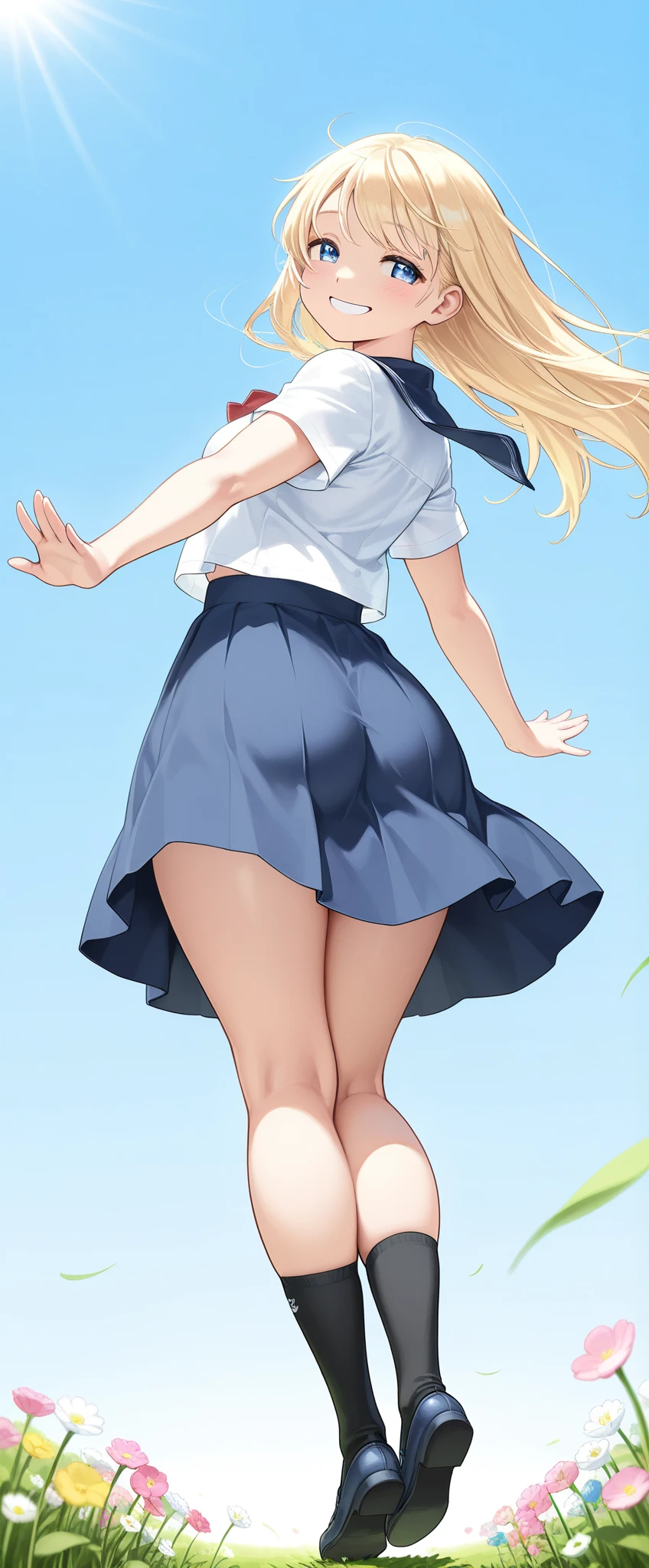 obra maestra, mejor calidad, highres, ojos azules, serena \(pokemon\), 1girl, solo, muslos, pelo largo, sombrero, joyas, pulsera, muslos negros, camisa con cuello, falda plisada, falda roja, sin mangas, falda de cintura alta, camisa sin mangas, lashes, sombrero rosa, camisa negra, gafas en la cabeza, parte superior del cuerpo, campo, sonrisa, boca cerrada, de rodillas, gluteos tocando sus talones, from behind position, mirando sobre el hombro, falda levantada, showing underwear, bragas, bragas ajustadas, bragas rojas, rubor, on grass. De espaldas al espectador, embarazada, ropa interior mojada, ropa interior chorreando, agua cae de su ingle.