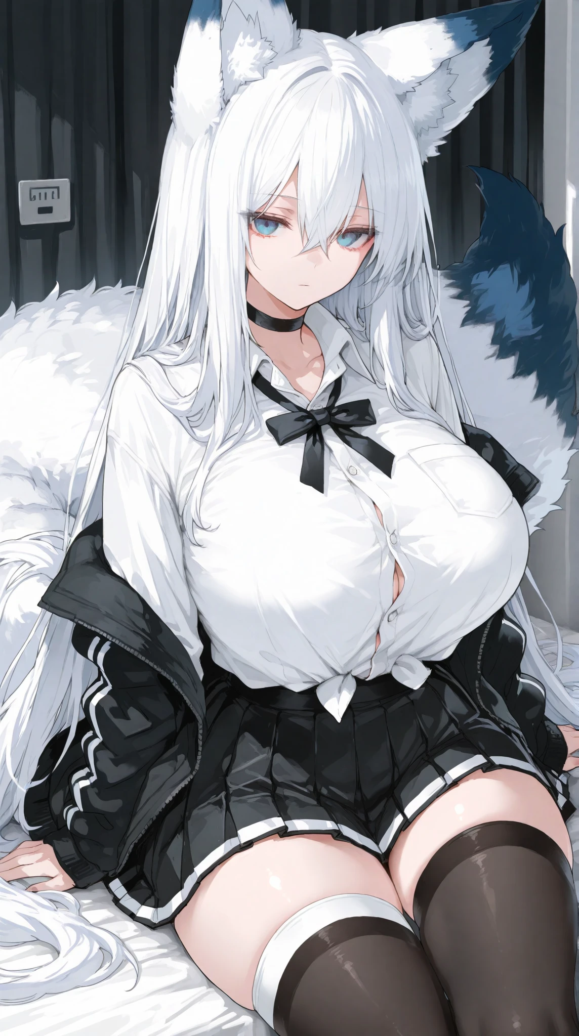 best qualtiy,tmasterpiece,The is very detailed,4K,Gray hair and shallow eyes,Drag cool expressions,Wolf ears,Erect scar on the left eye,British style,1girl,Absolutely beautiful, huge breasts, white costume, ear ribbon