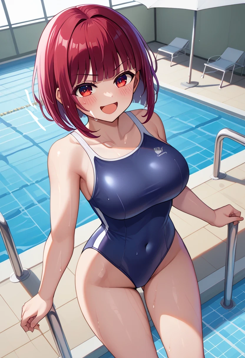 score 9 、score 8 up、score 7 up、source anime、傑作、Best quality、Best image quality、Best resolution、anime coloring、1girl、arima kana、、solo、kanarnd、red hair、blunt bangs、short hair、bobcut、red eyes、big breasts、large breasts、、competition school swimsuit、school swimsuit、trace swimsuit、blue one-piece swimsuit、one-piece swimsuit、swimsuit、wet swimsuit、single vertical stripe、high leg cut、bare shoulders、bare arms、bare crotch、bare thighs、bare legs、collarbone、trapezius、covered navel、poolside、pool、splashing、smile、smug、open mouth、blush、looking at viewer、cowboy shot、female focus、dutch angle、