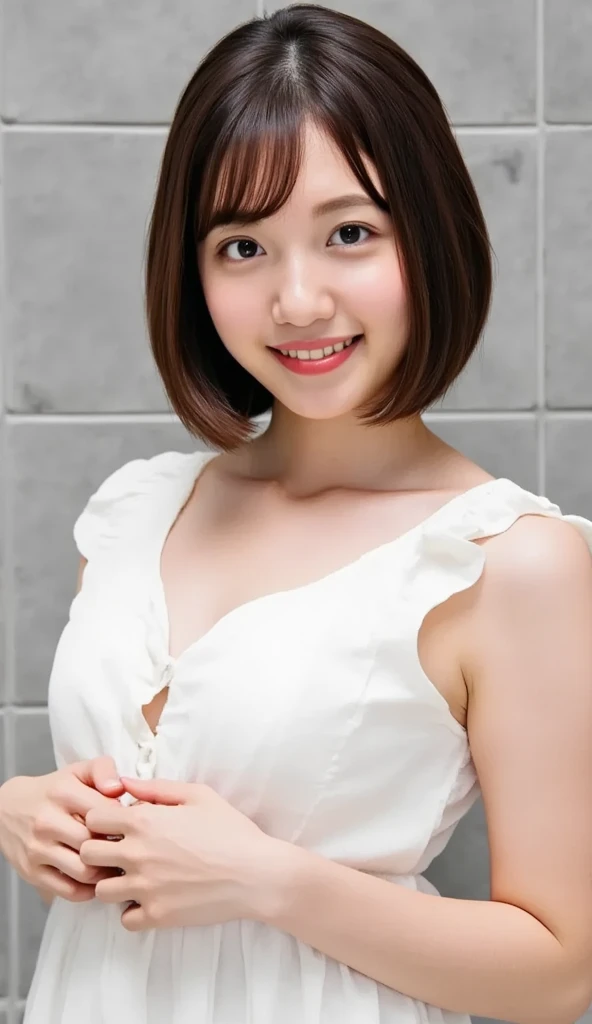 masterpiece,best quality,(Japanese ),((Beautiful girl)),cleavage,indoor,(perfect body beauty:1.2),(shy smile),beautiful teeth,