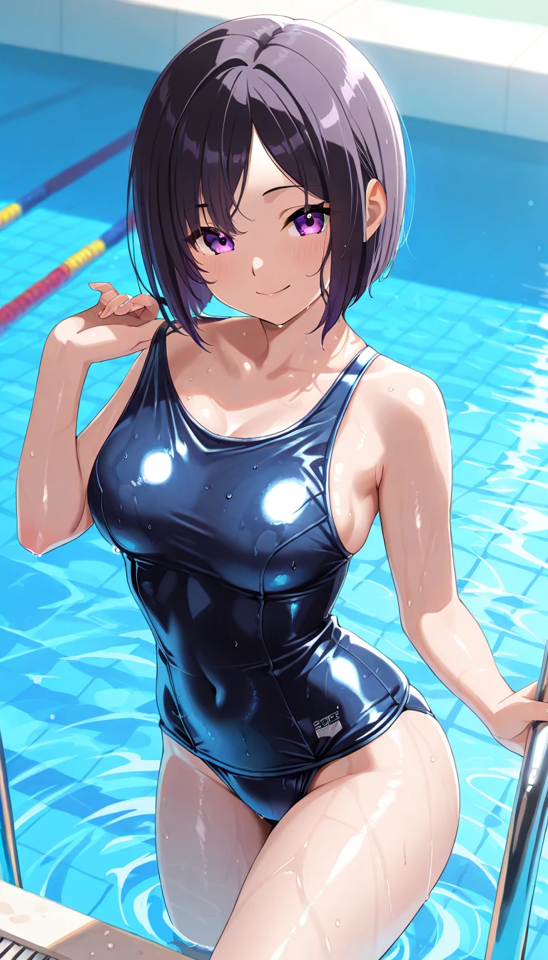 (air groove \(umamusume\):1.4), BREAK, (indoor pool side:1.2), BREAK, (masterpiece, best quality:1.4), (super fine illustration, shiny skin, detailed skin, detailed face, cute, detailed eyes, anime screencap:1.2), Break, (NSFW), (athletic body, large breasts:1.2), BREAK, (one-piece swimsuit:1.5), (undressing, bare breasts:1.5), BREAK, (seductive smile:1.3), (blush:1.2), (sweat, wet, wet hair:1.2), Break, (pubic hair:1.1)