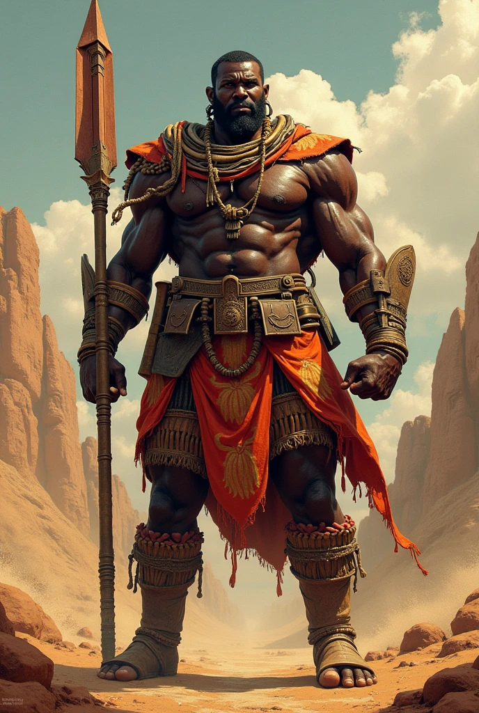 Orixa man with black skin, Xango, wearing brown and red clothes in the quarries of the mountains, with his axe in his hands, in the forces of fire, without horns, with his crown as king of the mountains, short hair
