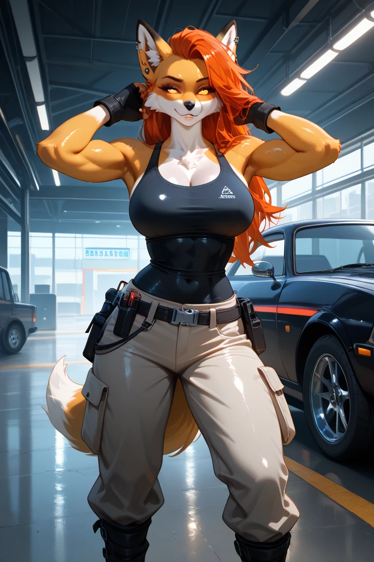 4k, high resolution, best quality, masterpiece, perfect colors, perfect shadows, beautiful and detailed portrait of a (((feminine))), perfect lighting, posted on e621, (by Chunie, by Einshelm), furry, anthro, furry art, ((portrait)), Female fox, red fox, (two-toned fur), furry body black legs from foot to knee,fluffy, fluffy tail, body fur, animal nose,chin fluff, muzzle, Mane,Big fluffy chest tuft, big fluffy neck tuft,fluffy neck, fluffy chest, Lots of fluff, Beautiful brown eyes, fit body, perfect masculine body, detailed fur, detailed face, ((Bonifasko lighting)), fox tail, (detailed eyes), perfect pupils, Tall, Long brown hair, messy long hair, Wide hips, big legs, C cup breasts, Fluffy neck, Huge Fox tail, Camo cargo pants, wearing clothes, Arms white , Shirt, Workshop background, Car workshop background, Car mechanic backgound, car mechanic clothes, ((genitalia slip)), ((genitalia overflow)), genitalia outline on clothing,(bulge),male genitalia