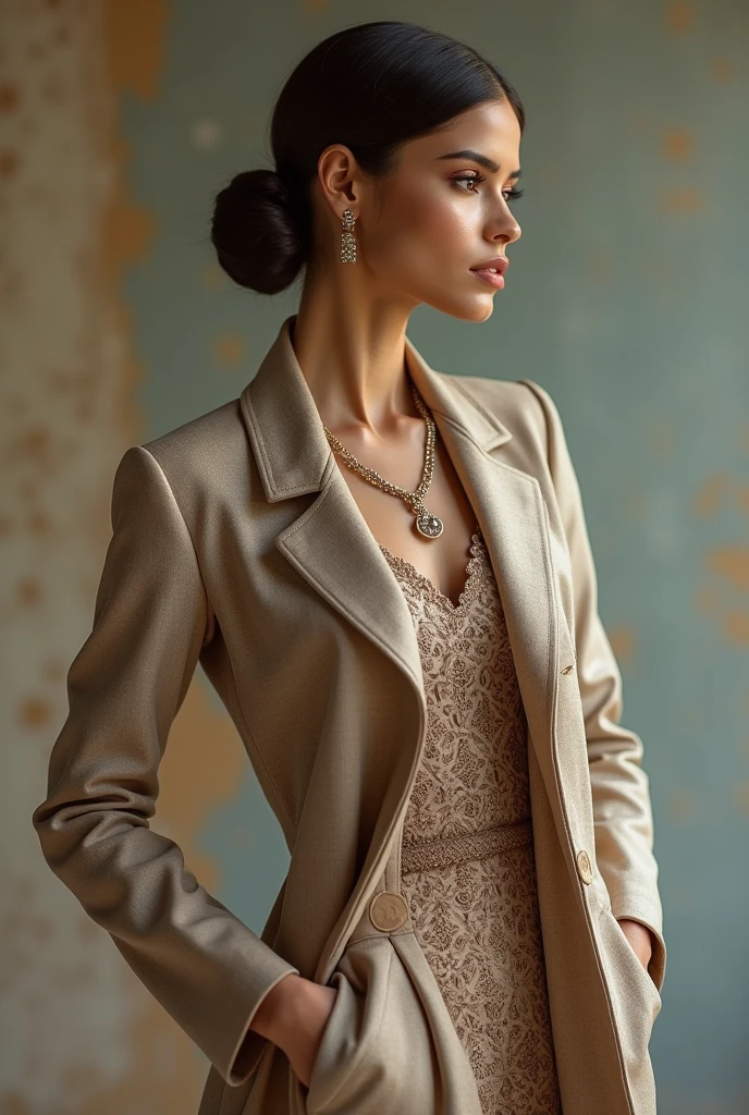 beautiful women wearing a long top and having a handbags in her hand and her top is looking unique and creative. Unique long sleeves design with beautiful collar design