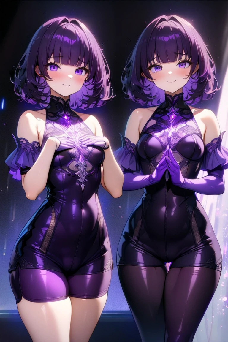 Carefully draw the face　High-quality faces in anime style　Lilac short bob　super shiny skin　black leotard　Purple pantyhose　lure　smile　back view