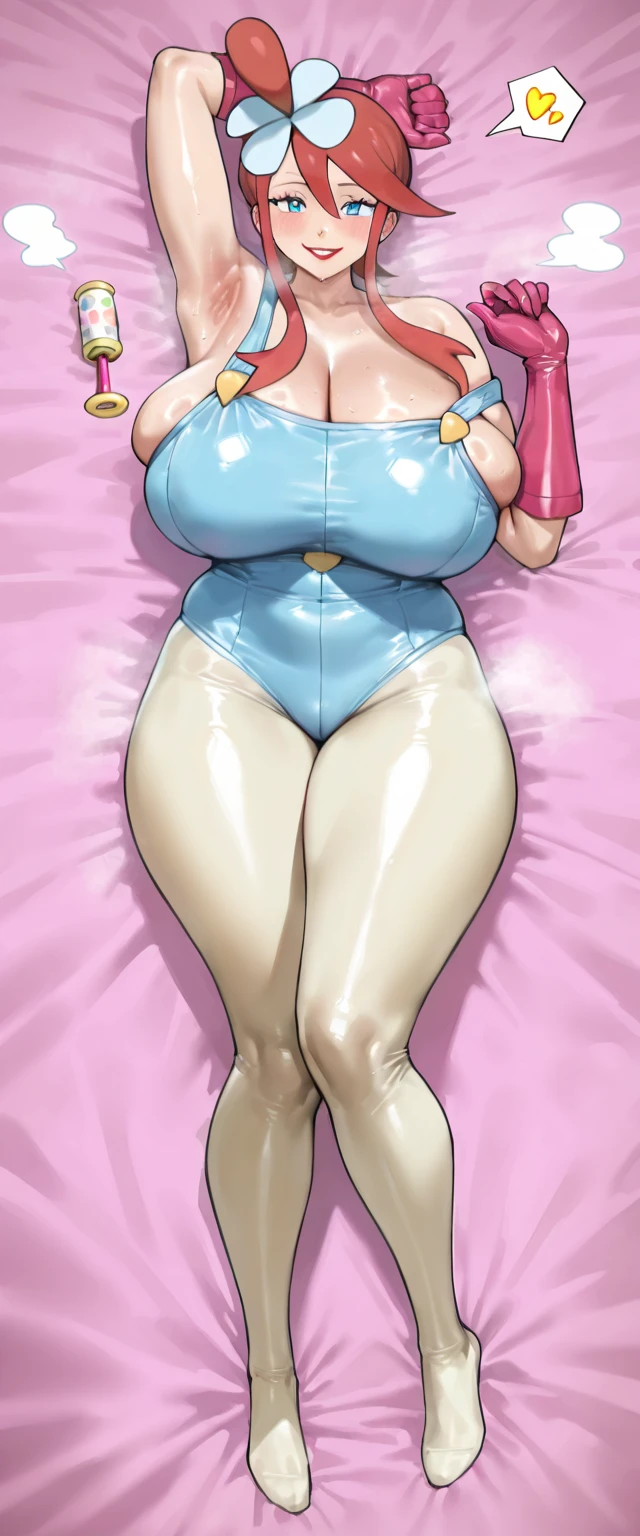 ((Top Quality, 8K, Masterpiece: 1.3)), 1 Girl, Slim, Brown-haired, Medium Bob, Big: 1.2, White Gym Clothes, Navy Blue Bloomers, (Ultra Slender Face, Delicate Eyes, Double Eyelids, Smile: 1.0), Bed, (Nipple Slip: 1.4), (Open Legs: 1.0), Hands Behind the Head,very large udder、