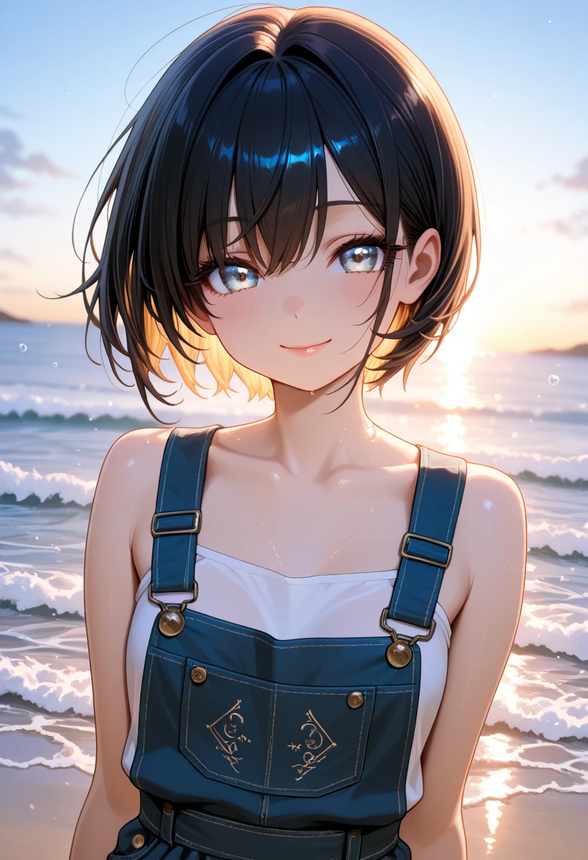 (masterpiece:1.2), best quality, absurdres, illustration, 8k, realistic shadows,cowboy shot, blush, detailed shadows, skindentation, long eyelashes, beautiful detailed eyes, ultra-realistic, realistic, perfect pupils, hdr, upper body, light smile, shiny skin
ocean, pier, cliffs, beach, house, gradient, setting sun, water reflection, dusk
kofune_mio, 1girl, solo, shirt, short sleeves, dark-skinned female, tied-up shirt, striped shirt, overall, black hair, off shoulder, standing, shorts