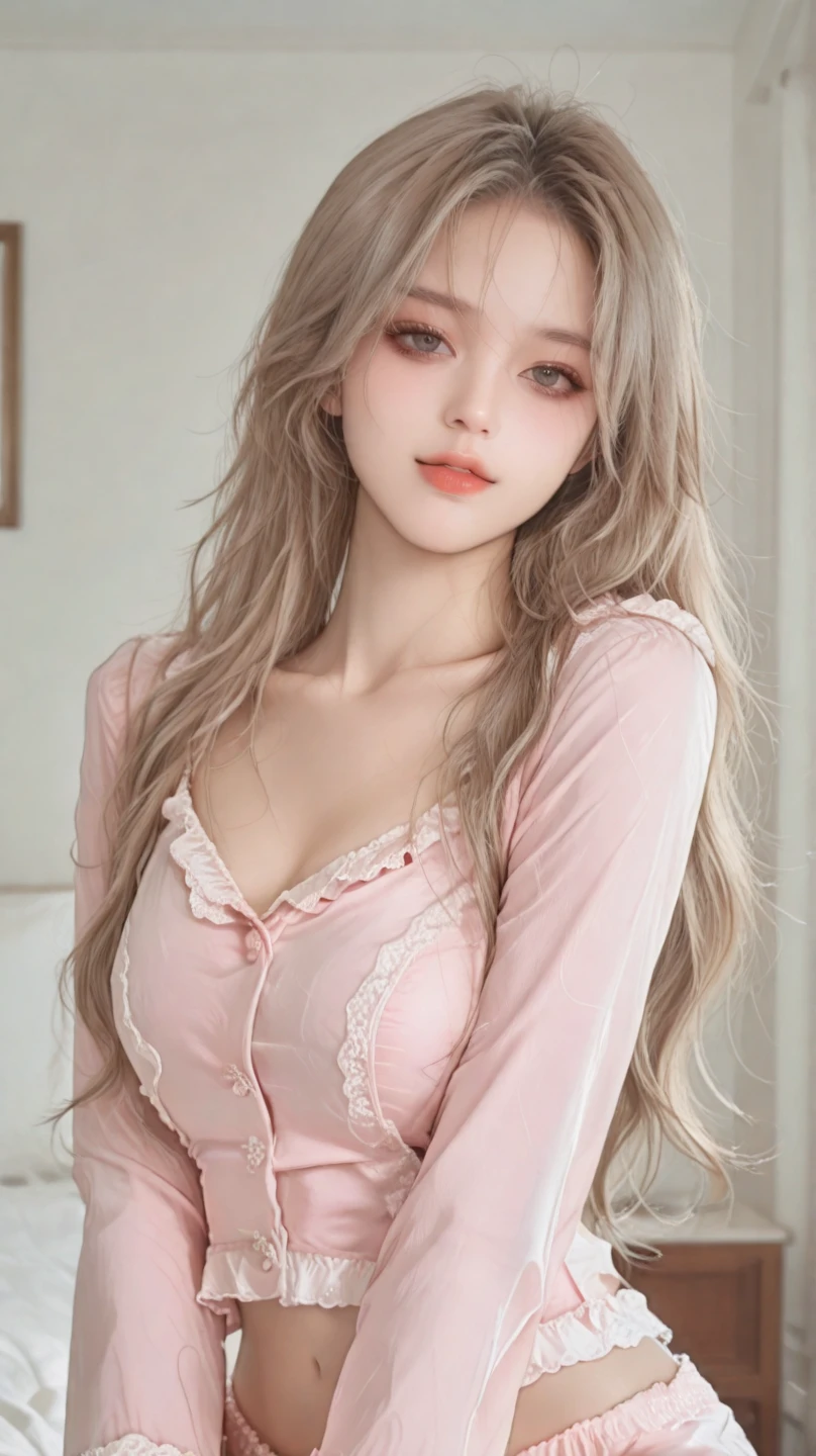A beautiful girl, with brown-white hair, with curly tips, with two bows on each side of her hair, all her hair brown-white, with a star clip in her brown-white hair, light-colored eyes, beautiful eyes, teary eyes, a beautiful and perky nose, a teary nose, pretty lips, pink lips, heart-shaped and cupid's bow lips, beautiful pale skin, white skin, with freckles and moles all over her face, soft pink blush on her cheeks, natural pink blush, soft and pink makeup, a cruel gothic girl, a beautiful neck, a marked neck, furrowing her brow, a tender gaze, wearing a kiss necklace, a beautiful kiss necklace, resembling Yumeko Jabami, wearing a shirt, a Crochet YK2, with a YK2-style brown miniskirt, while wearing a jacket with teddy bear prints, with a bare, slim, and beautiful abdomen, (large breasts, soft breasts, beautiful breasts), while cosplaying as the character Yumeko Jabami from the anime Kakegurui, looking at the camera, taking a nice selfie.