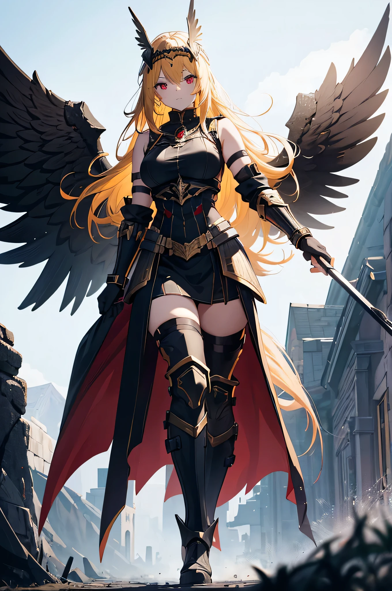 a woman wearing black heavy armor with red trim, iron cross on armor, black metal boots, black metal bracelets, red fur coat, long blonde hair, blue eyes, walking on a platform with a medieval castle with black structure , Red Sky, HDR, ultra resolution, well defined, masterpiece, 8K HD. (solo woman)