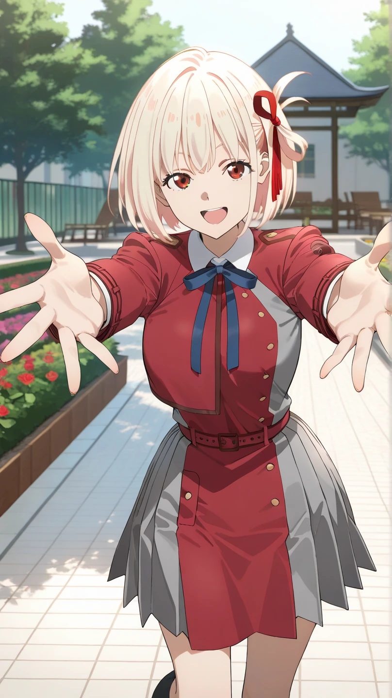 masterpiece, Highest quality, One girl, game cg nishikigi chisato, Bobcut, Hair Ribbon, Licorice Uniform, Two-tone dress, Red dress, Grey Dress, Neck ribbon, Long sleeve, Large Breasts, garden, null, Cityscape, Wink, Are standing, Finger V, Open your mouth, Happy, smile