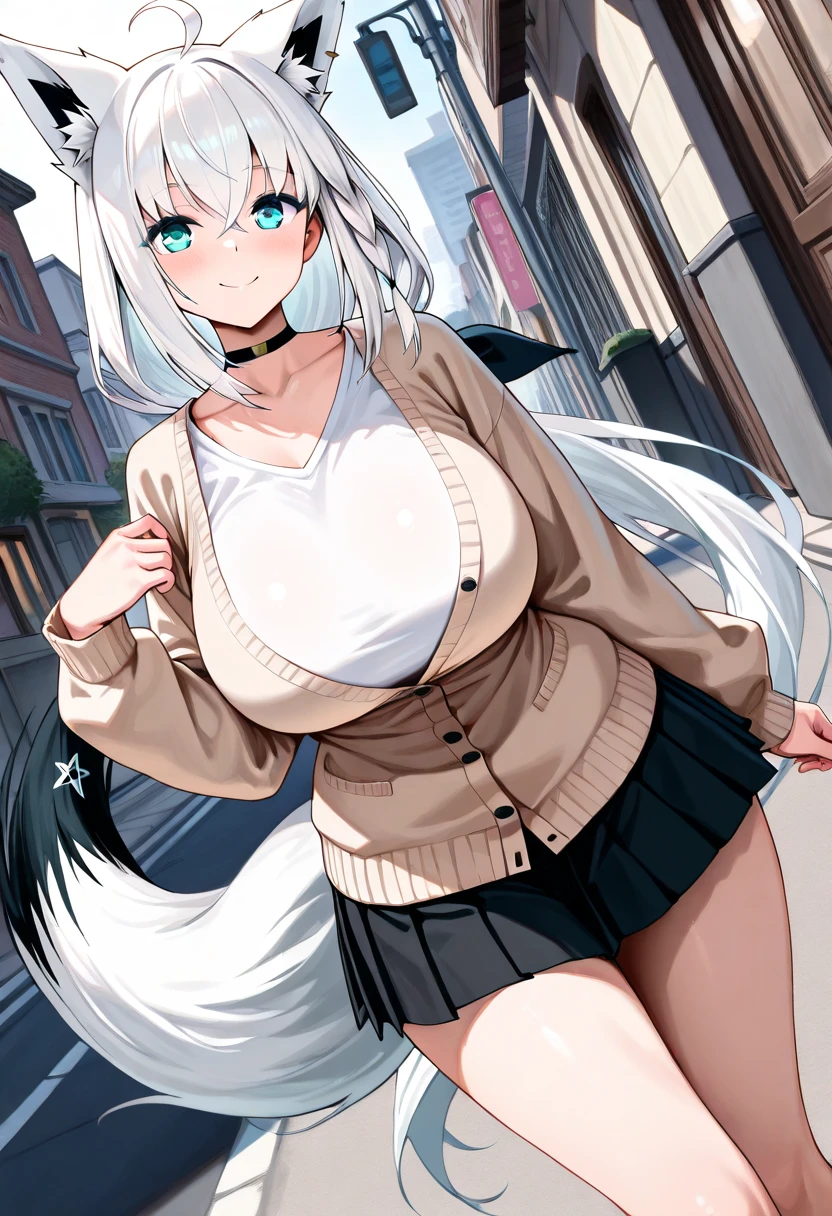 masterpiece,(best quality), ultra-detailed,sharp focus, cute,extremely detailed,8K,solo,1female,(matured body:1.2,adalt:1.2),💫,🌟,✨, ,(fox_ear_fluff ,fox_tail_fluff),blue eyes,swirly_eyes, @_@, 😵💫,black shirt,cycle-glasses, (long hair:0.9),silver hair, multicolored hair,blue_hair_highlights, hairclip,(embarrassing,blush),(❤️,Heart_effect:1.2),neon_color,cool,outdoor,urban,
,shy,full_body