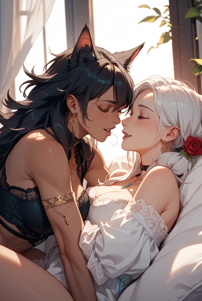 good anatomy, 2 girls, mature female, hugs, yuri, light smile, fox ears, lace dress, hair between eyes, streaked hair, long hair, large breasts