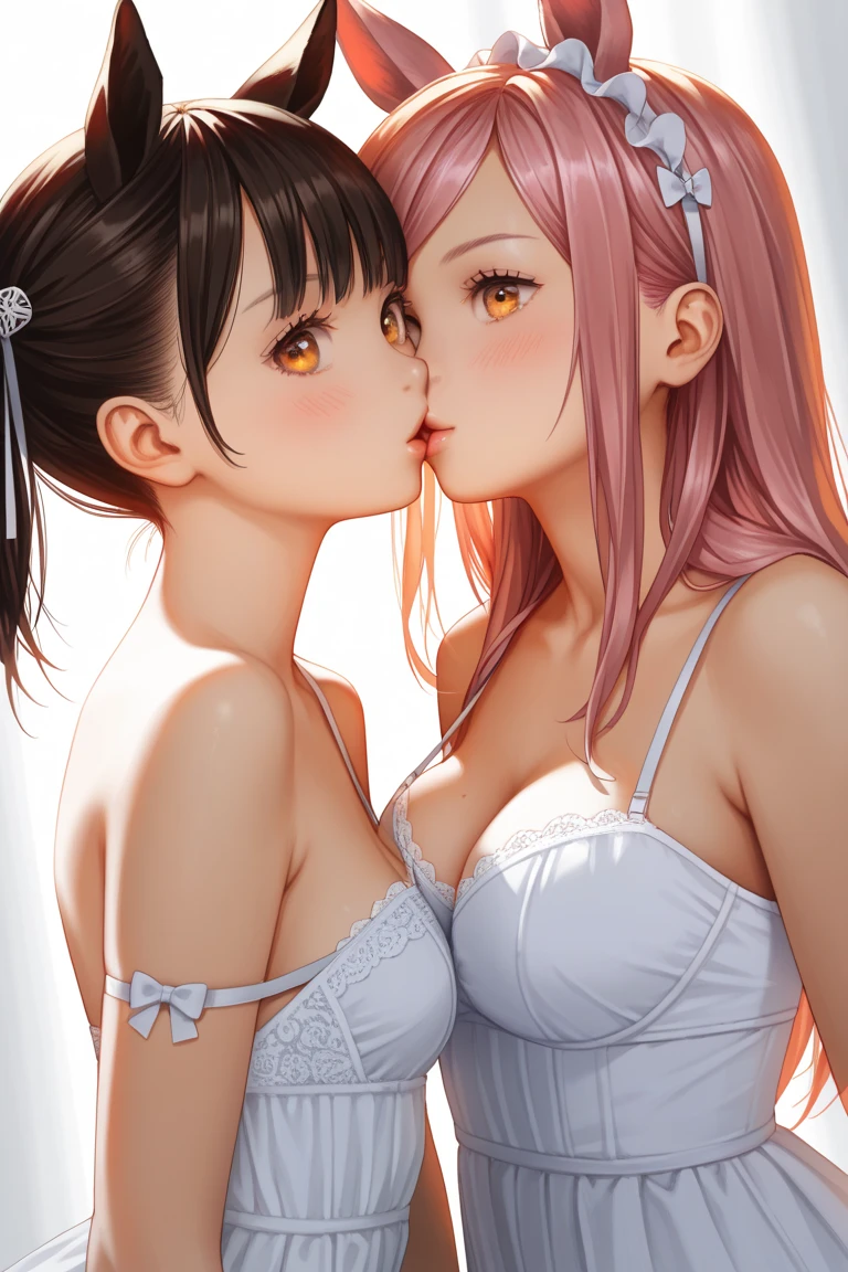 (yuri, kiss, french kiss), (2girls), (kissing:1.5), face to face, looking at another, parted lips, full pink lips, underwear, from side, medium breasts, white hair, black hair, purple eyes