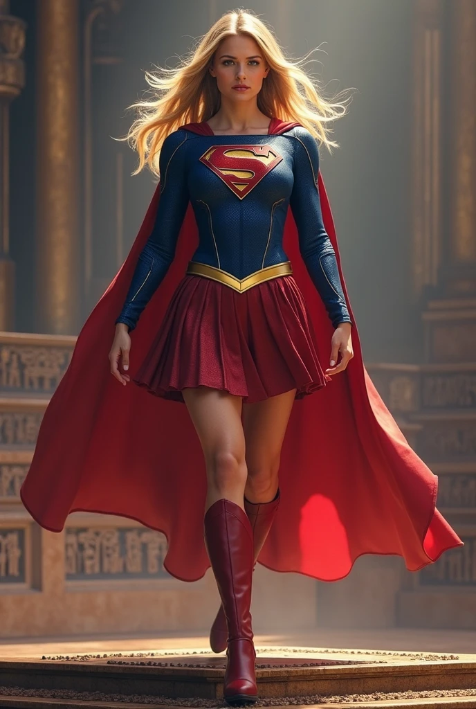 Digital illustration, ultra-realistic, supergirl, full blue body suit, long blonde hair, red elbow gloves, red gauntlets, black tights, red boots, red skirt, gold belt, really long red cape, tied figure suspended in office setting, soft warm lighting, black leather suit hugging curves, reflections create glossy sheen, bonds of black leather and quilted metal, gold accents, D-rings, chains, ceiling attachments, dark hair styled in high bun with loose strands on face, black blindfold, gag protruding,