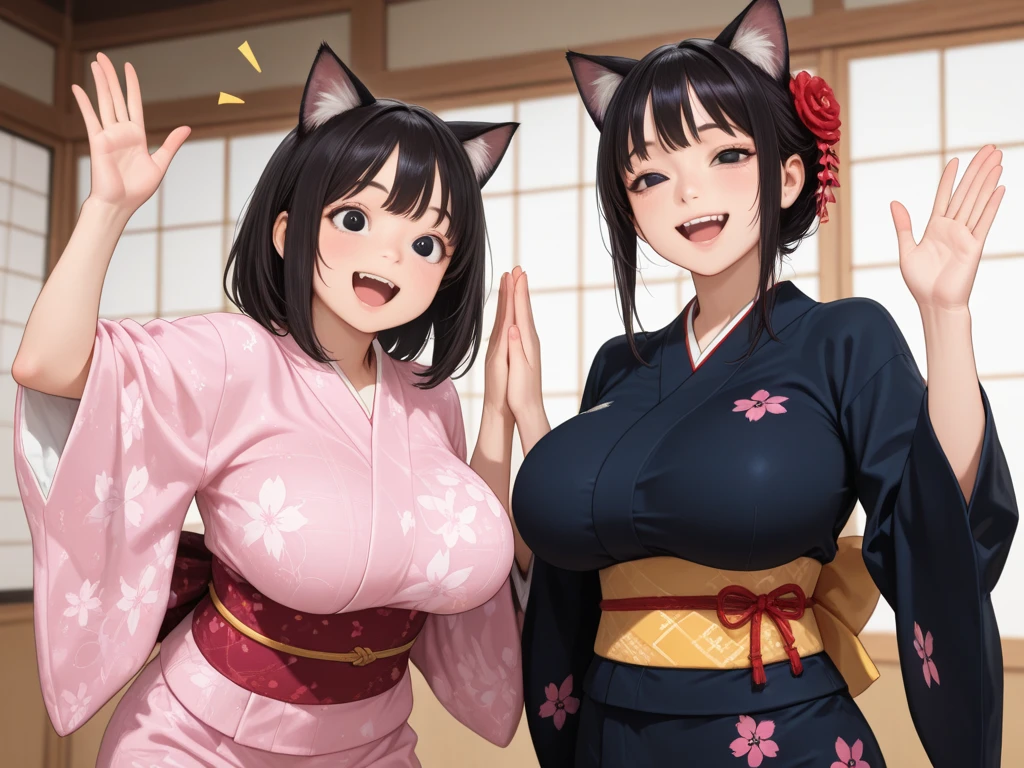 (Fox Girl, Fox Ears, Black colored hair, Fox Makeup, One Girl, Long Hair:1.6), (kimono, Kimono with open chest, A beautiful kimono with red and black patterns, I can see her cleavage, Open chest, Exposed skin:1.8), (Body size is 100-70-90!, Nice body, Big Breasts, Soft breasts, Emphasize cleavage, Knees are slightly visible, Muscular, Abdominal muscles, Grab your own chest:1.9), Avatar, face, lewd face, Dominant representation, naughty face, Uplifting, Skin Texture, outside, Grassy field
