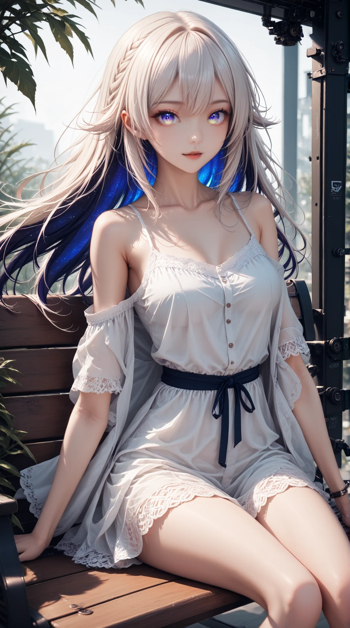 1 Girl, Orange Sleeves, White Hair, White Skin, Light Blue Hair Ornament, Blue Suspenders, Blue Clothes, Light Blue Eyes, Barefoot, Double Braids
