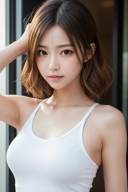 ((Highest quality、8k、masterpiece:1.3))、Sharp focus:1.2、Woman with muscular body:1.4、Colored eyes、((Sunburnした肌:1.5))、((Ash color hair:1.15))、((Silver Hair:1.2))、((Colorful Hair))、((Highlight Color:1.15))、((Twist perm))、Wild hairstyles、Keep your arms down、Slim abdomen:1.2、((Huge boobs:1.2))、Wet body:1.1、HVery detailed facial and skin texture、 Detailed eyes、double eyelid、Sunburnした肌、Sunburn、Sweatで濡れた肌、One Girl, Intricate details, Cinematic feel, 8k, Very detailed、(Realistic、Realistic:1.37)、Very detailedな、Highest quality、Realistic、Very delicate and beautiful、RAW Photos、((Professional Lighting))、Facial Lighting、Written boundary depth、(Muscular and healthy)、Small Head、expensive、((Beautiful Eyes))、Lively Faces、True Face、 Beautiful Eyes、(Fashionable hairstyles:1.35)、audience、((cheerful japanese woman))、Desporti Smile:1.15)、(Mouth closed)、美しくてBeautiful Eyes、Healthy Body、Dark Skin、Sweat、The chest is exposed、Cleavage、Panty shot、Volleyball Player