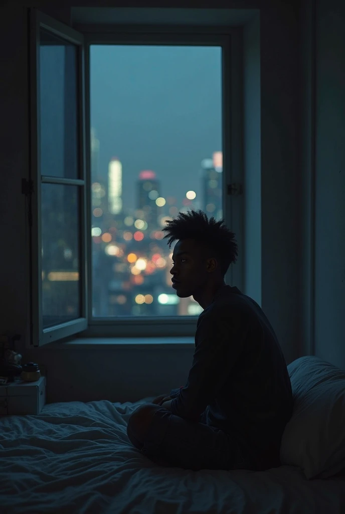 Create realistic images of a hotel window at night with the moon and stars shining and a young 20 year old man with brown skin and hair in twist locks with his hands covering his face as if he is crying. sitting by the window