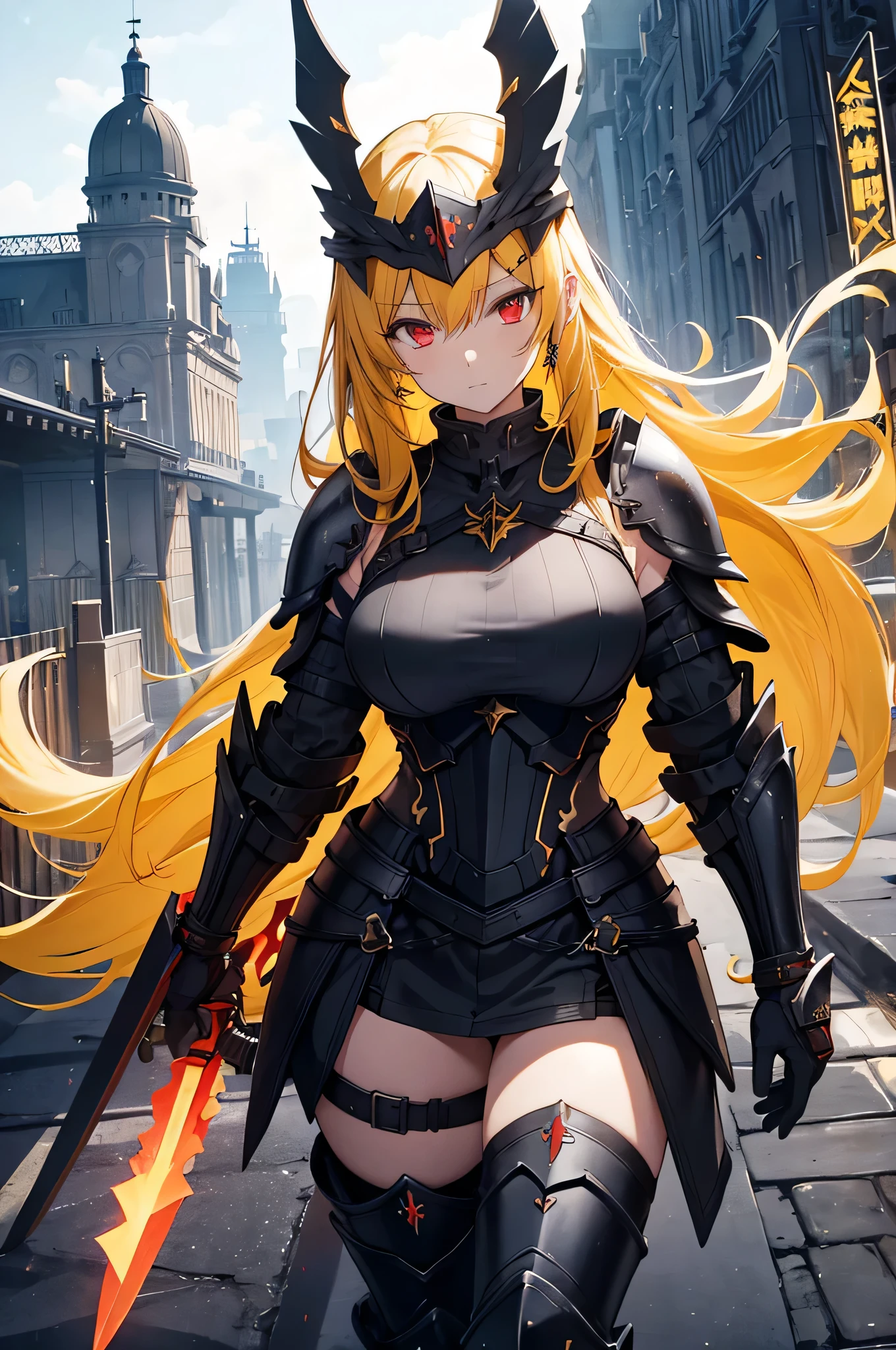 ((best quality)), ((Masterpiece)), (details:1.4), 3d, HDR (high dynamic range), amature woman, SLEEK Style, Blonde hair, Red eyes, จมูกโด่ง, ปากแดง, หน้าอกใหญ่, nvidia RTX, PBR surface, After processing, Anisotropic filtration,depth of field, Maximum clarity and clarity, multi-layered surface, Subsurface scattering, perfect proportions, 8K raw files, ความละเอียดสุดยอด, Unreal 5, Perfect proportions, Octane Render, Two-tone lighting, Wide aperture, Low ISO, รายละเอียดดวงตา, Holy Knight, Heavy Black armor, jewely, ต่างหู