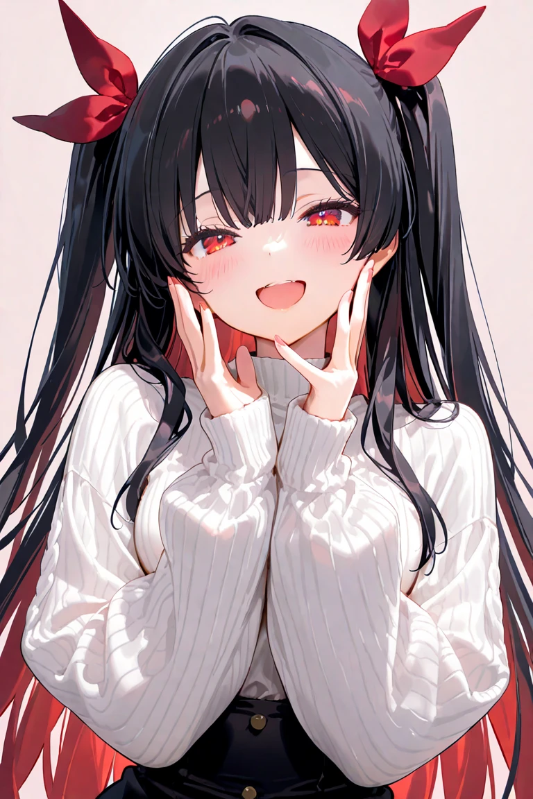 masterpiece, high quality, highres, absurdres, ultra-detailed, 8k, 1girl, dark brow hair, white hair, multicolored hair, looking at viewer, colorful eyes, black turtleneck sweater, (school background:1.15), brilliant colorful paintings, bloom, portrait, cross hair ornament, open smile, showing fang, heart on right cheek (close-up:1.2)