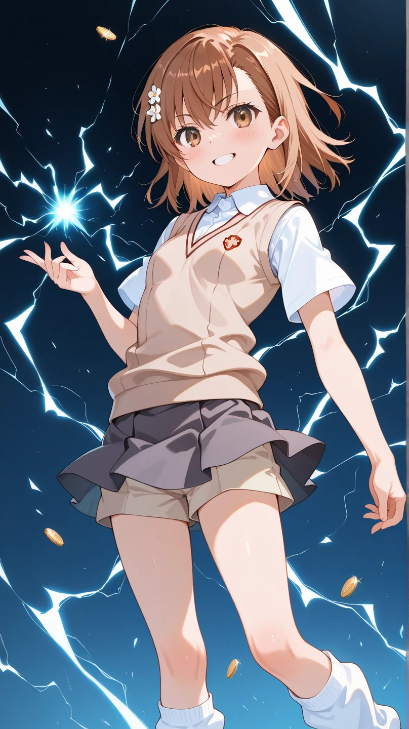 masterpiece, best quality, highres, aamikoto, short hair, hair flower, white shirt, sweater vest, short sleeves, grey skirt, shorts under skirt, <lora:misaka_mikoto_v1:0.7>, standing, cowboy shot, (electricity:1.3),