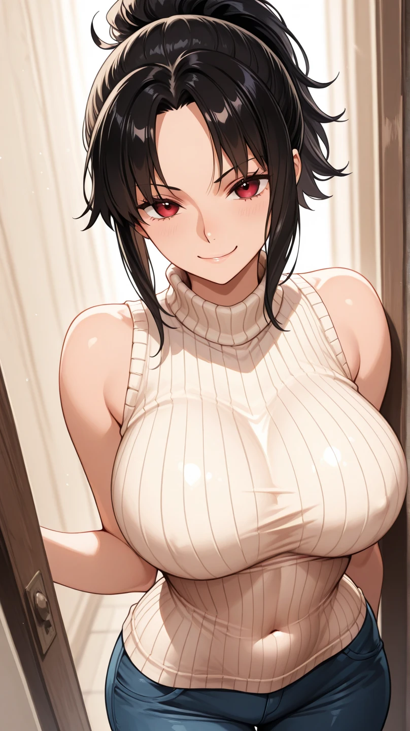 masterpiece, Highest quality, One girl, short ponytail、black hair、virgin killer sweater, (sweater dress:1.2), ribbed sweater,sideboob,cleavage cutout, turtleneck sweater,(broen sweater:1.3),(crop top navel:0.8)、sleeveless,gentle smile、Very sexy、upper body,from front,huge breasts
